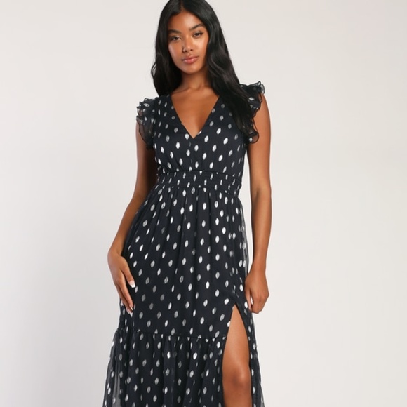 Lulus Cause To Celebrate Navy And Silver Dot Ruffled Tiered Midi Dress Blue - Picture 1 of 1